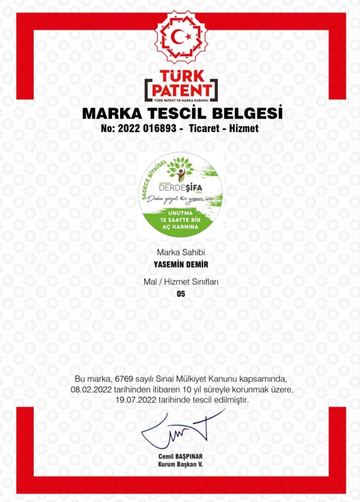Derde Şifa Marka Tescil Belgesi — Türk Patent ve Marka Kurumu